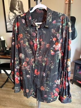 H&M Men's Black Floral Long-Sleeve Button-Down Shirt